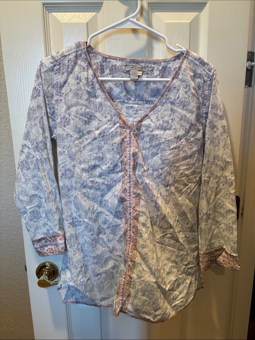 Carbon 2 Cobalt Women's Botanic Tunic Top XS Blue White Floral Cotton Modal Boho